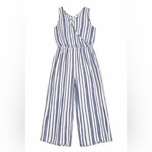 Chico’s Blue White Stripe Wide Leg Gaucho Jumpsuit Rayon Sleeveless Sz 2 Large